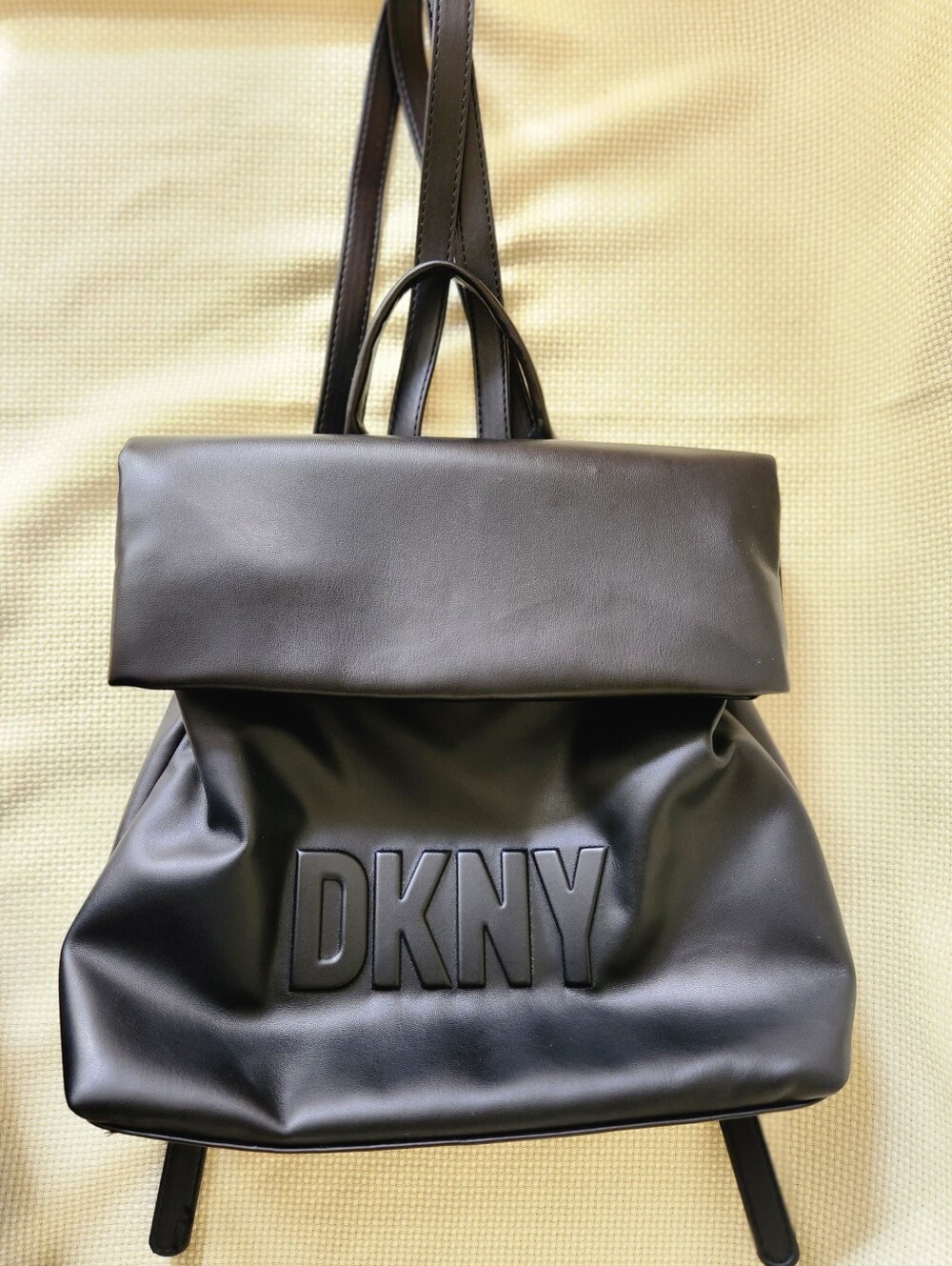 DKNY Tilly Foldover Backpack Black Faux Leather Debossed Logo Medium EUC - Picture 16 of 16
